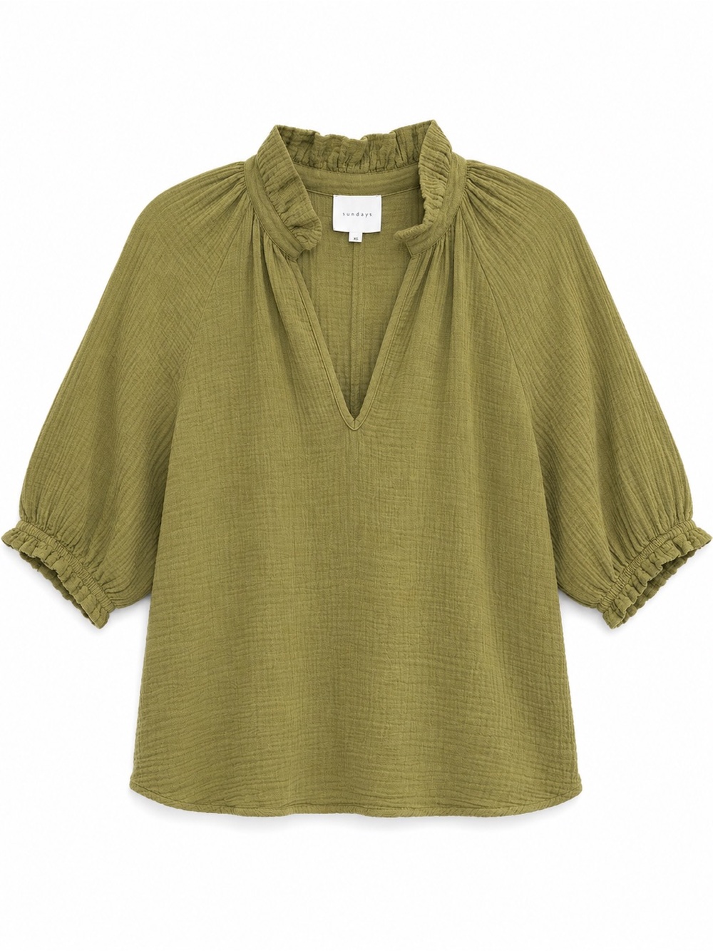 Sundays Cotton Gauze Popover Top Green XS V Neck Ruffle Collar Relaxed Fit